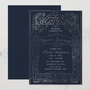 Navy Blue & Silver Vintages Viktorianisches Brautp Einladung