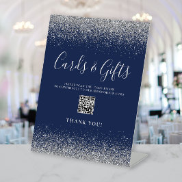 Navy Blue Silver Wedding Cards verschenkt QR Code Sockelschild