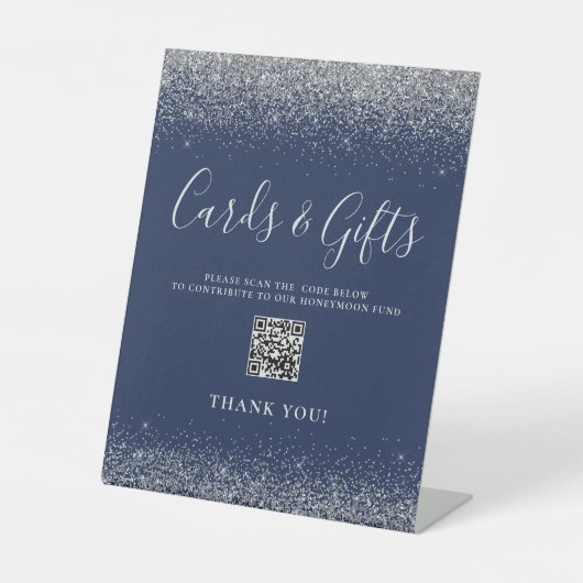Navy Blue Silver Wedding Cards verschenkt QR Code Sockelschild (Vorderseite)