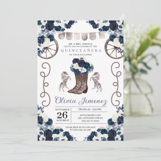 Navy Blue Silver Western Charra Boots Quinceañera Einladung (Stehend Vorderseite)