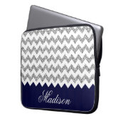 Navy Blue Silvery Glitzer Zickzack Muster Laptopschutzhülle (Vorderseite Links)