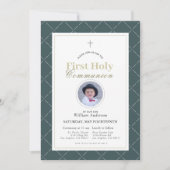 Navy Blue Simple Boy Foto Erste Heilige Kommune Einladung (Vorderseite)
