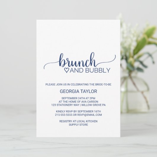 Navy Blue Simple Calligraphy Brunch and Bubbly Einladung