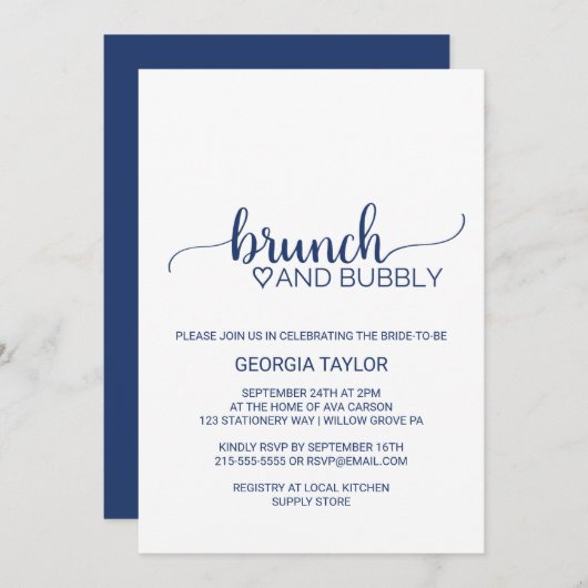 Navy Blue Simple Calligraphy Brunch and Bubbly Einladung (Vorne/Hinten)