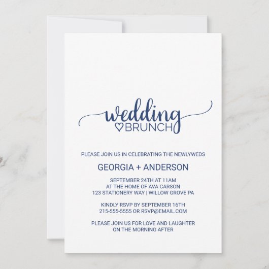 Navy Blue Simple Calligraphy Wedding Brunch Einladung (Vorderseite)
