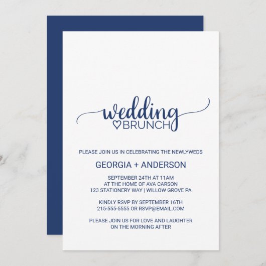Navy Blue Simple Calligraphy Wedding Brunch Einladung (Vorne/Hinten)