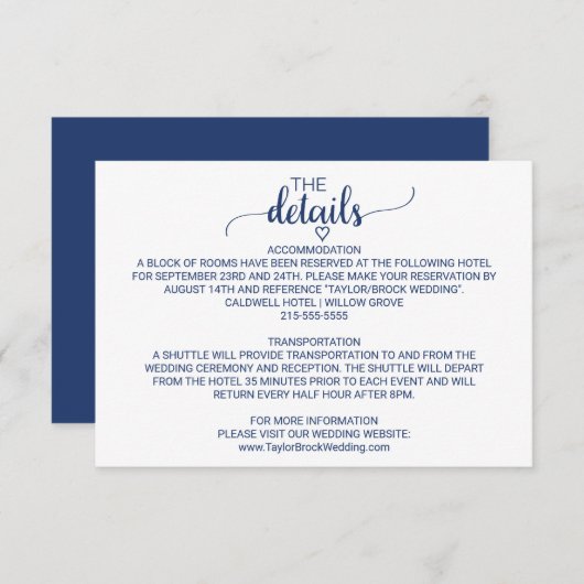 Navy Blue Simple Calligraphy Wedding Details Card Begleitkarte (Vorne/Hinten)