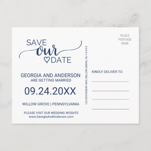 Navy Blue Simple Calligraphy Wedding Save the Date Ankündigungspostkarte (Rückseite)