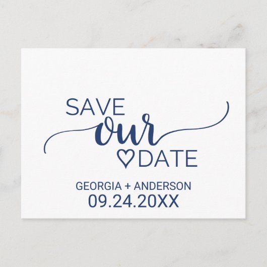 Navy Blue Simple Calligraphy Wedding Save the Date Ankündigungspostkarte (Vorderseite)