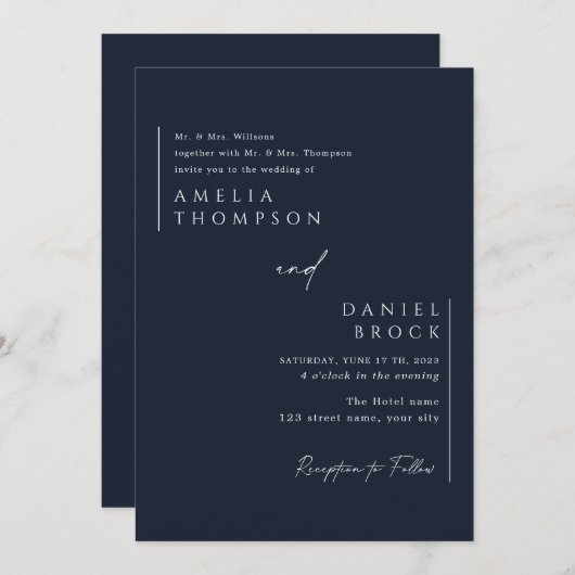 Navy Blue Simple Eleganalist handschriftlich Einladung (Vorne/Hinten)