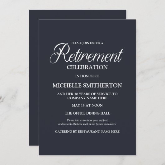 Navy Blue Simple Elegance Retirement Party Einladung (Vorne/Hinten)