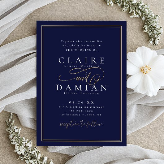 Navy Blue Simple Elegance Romantische Script Hochz Einladung