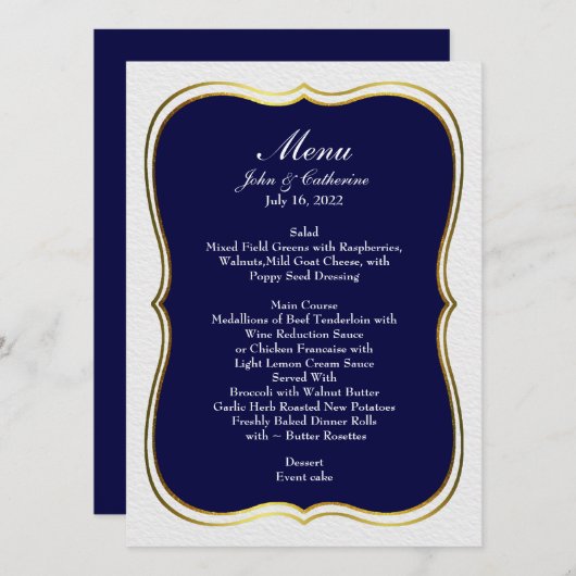 Navy Blue Simple Elegance Wedding Menu Menükarte (Vorne/Hinten)