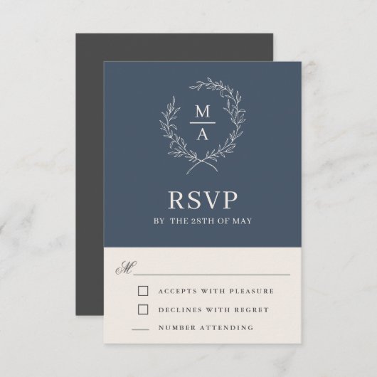 Navy Blue Simple Elegangram RSVP Card (Vorne/Hinten)