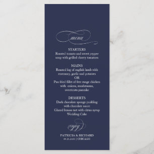 Navy Blue Simple Elegant 4x9 Hochzeitsmenü Menükarte