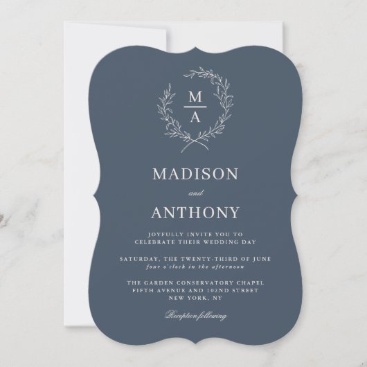 Navy Blue Simple Elegant Monogram Wedding Einladung (Vorderseite)