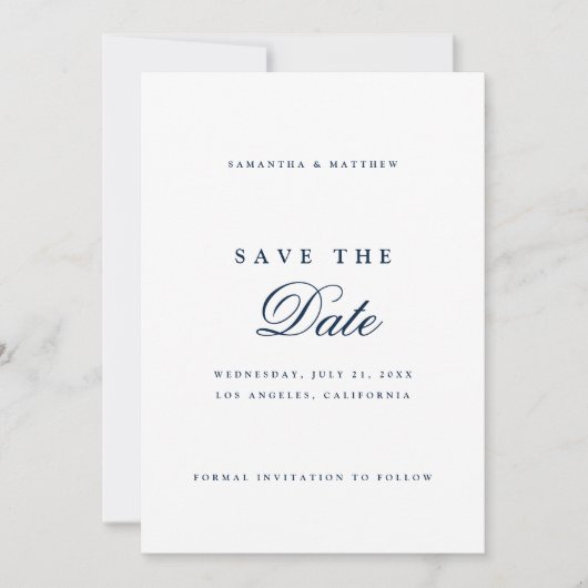 Navy Blue Simple Elegant Script Save The Date (Vorderseite)