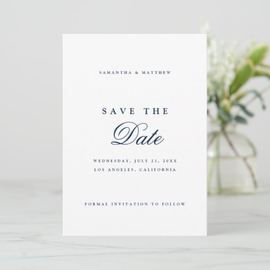 Navy Blue Simple Elegant Script Save The Date (Stehend Vorderseite)
