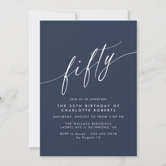 Navy Blue | Simple Fifty Script 50th Birthday Einladung (Vorderseite)