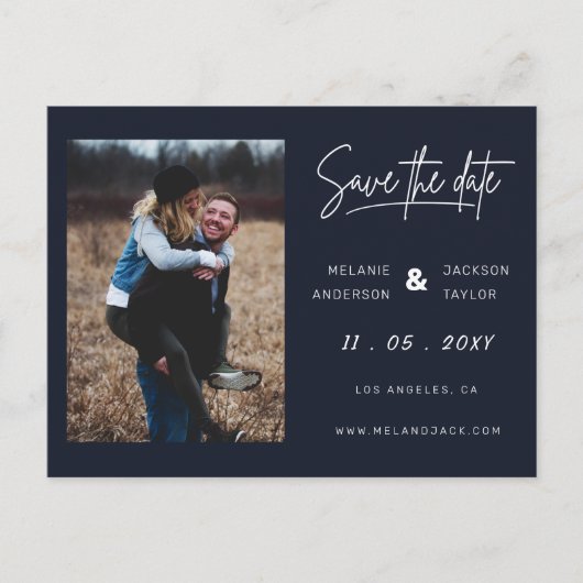 Navy Blue Simple Foto Save the Date Ankündigungspostkarte (Vorderseite)