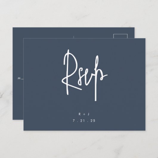 Navy Blue Simple Lettering Wedding RSVP Postcard Postkarte (Vorne/Hinten)