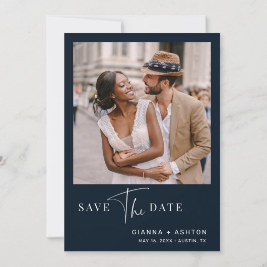 Navy Blue Simple Modern Script Wedding Foto Save The Date (Vorderseite)