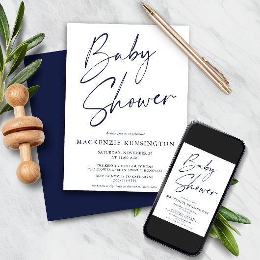 Navy Blue Simple Script Baby Dusche Einladung