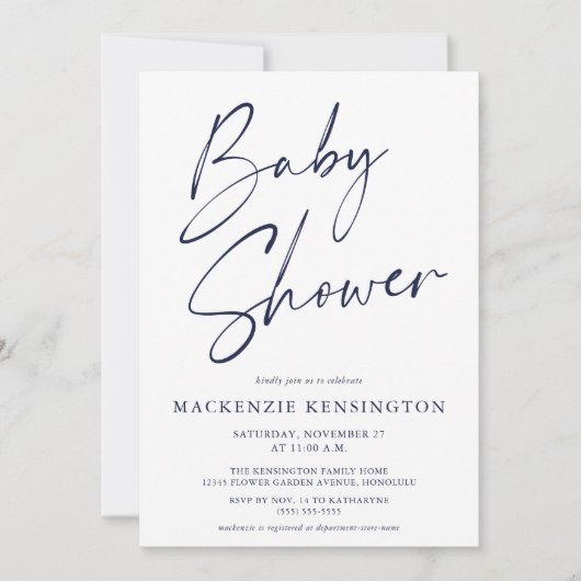 Navy Blue Simple Script Baby Dusche Einladung (Vorderseite)