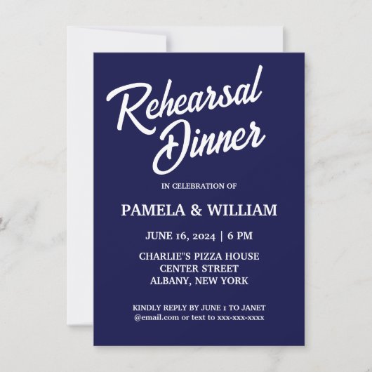 Navy Blue Simple Style Hochzeit Probe Dinner Einladung (Vorderseite)