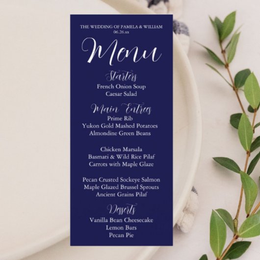 Navy Blue Simple Style Hochzeitsessen Menükarte