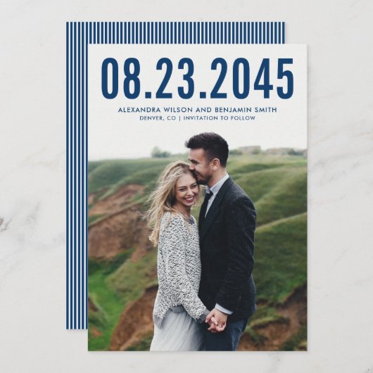 Navy Blue Simple Typografy Foto Save the Date (Vorne/Hinten)
