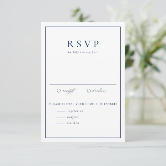 Navy Blue Simple Typography Formal Wedding RSVP Karte (Stehend Vorderseite)