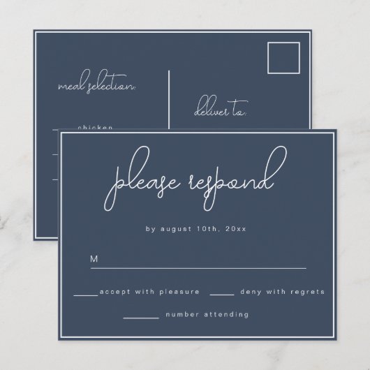 Navy Blue Simple Wedding RSVP Response Postcard Postkarte (Vorne/Hinten)