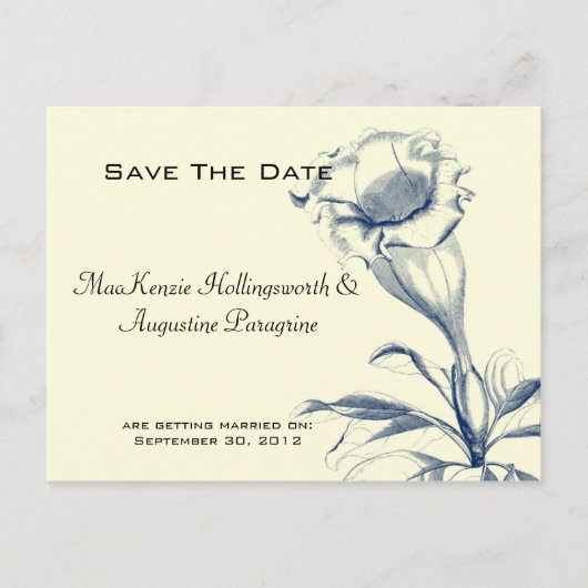 Navy Blue Sketched Blume Save the Date Ankündigungspostkarte (Vorderseite)