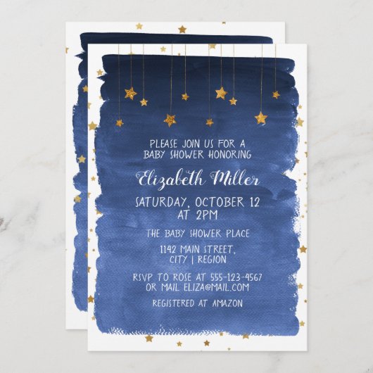 Navy Blue Sky und Golden Stars Kinderdusche Einlad Einladung (Vorne/Hinten)