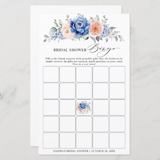 Navy Blue Slate Dusty Blush Brautparty Bingo (Vorne/Hinten)