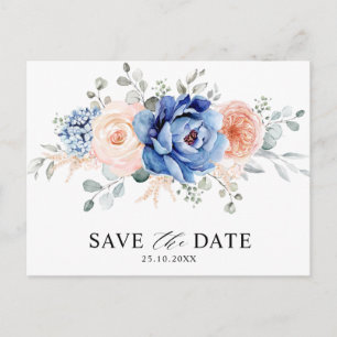 Navy Blue Slate Dusty Blush Floral Save the Date Postkarte