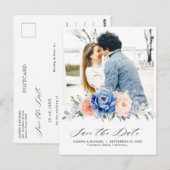 Navy Blue Slate Dusty Blush Floral Save the Date Postkarte (Vorne/Hinten)