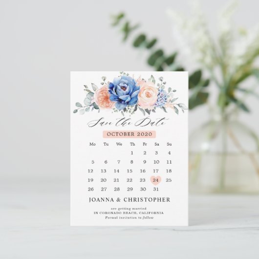 Navy Blue Slate Dusty Blush Save the Date Postkarte (Stehend Vorderseite)