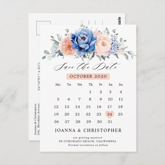 Navy Blue Slate Dusty Blush Save the Date Postkarte (Vorne/Hinten)