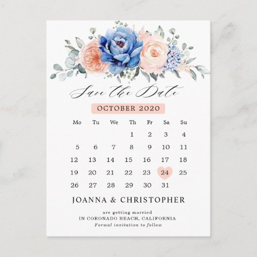 Navy Blue Slate Dusty Blush Save the Date Postkarte (Vorderseite)