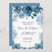 Navy Blue Smoke Floral Wedding Invitation Einladung (Vorne/Hinten)