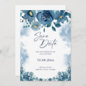 Navy Blue Smoke Floral Wedding Save The Date Einladung (Vorne/Hinten)