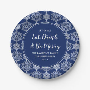 Navy Blue Snowflake Eat Drink Weihnachten Party Pappteller