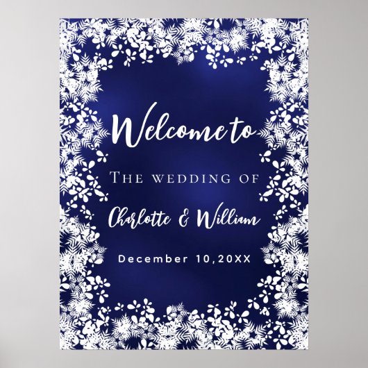 Navy blue snowflakes wedding welcome sign poster (Vorne)