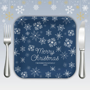 Navy Blue Snowflakes Weihnachts-Party Pappteller
