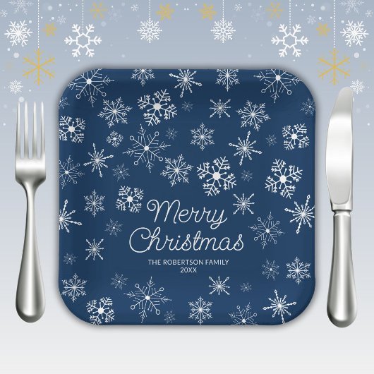 Navy Blue Snowflakes Weihnachts-Party Pappteller