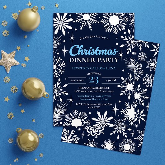 Navy Blue Snowflakes Weihnachtsabend Party Einladung