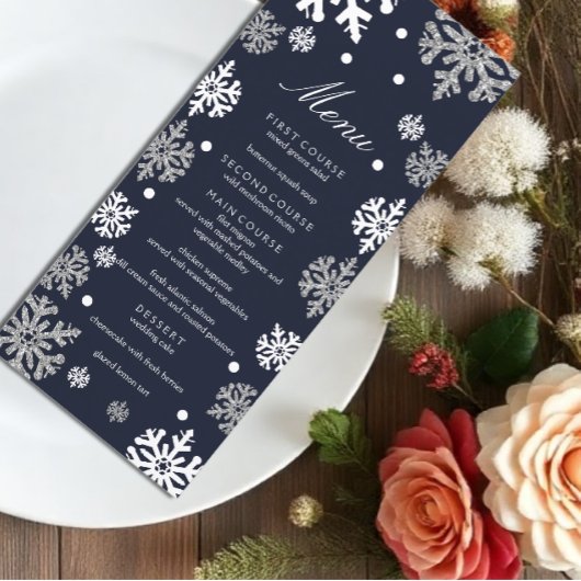 Navy Blue Snowflakes Winter Wedding Menükarte