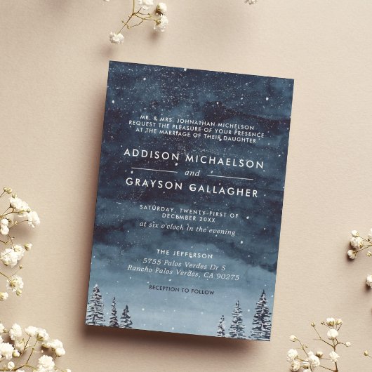 Navy Blue Snowy Winter Wonderland Formal Wedding Einladung